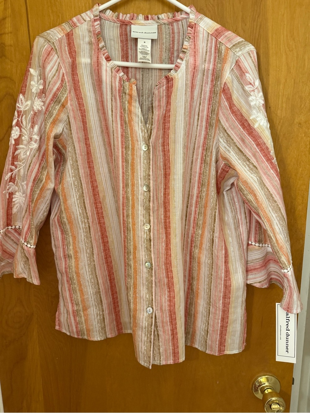 Alfred Dunner medium   Striped Button Front Tunic - Coral, Cream & Gold